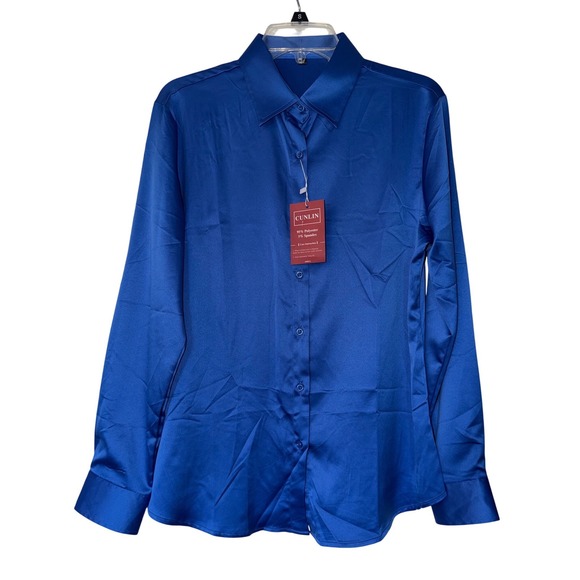 Cunlin Tops - Cunlin Womens Royal Blue Satin Button Down Blouse Long Sleeve Stretch Shirt S